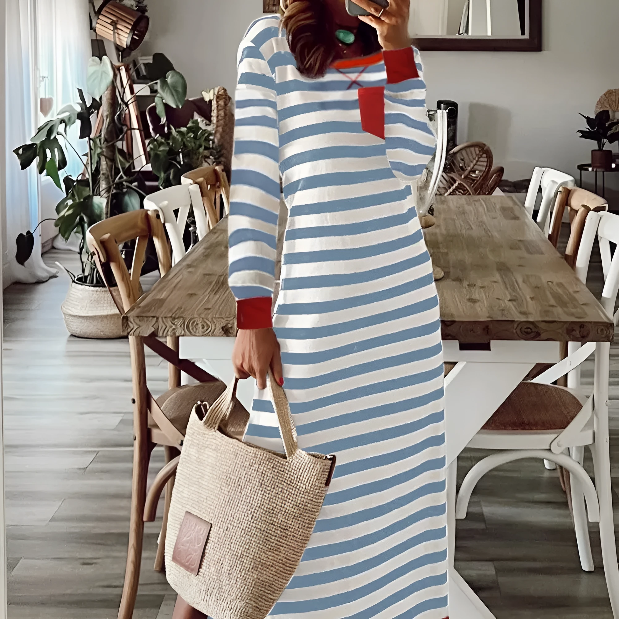 Striped printed long sleeve dress with contrast edge in Rose Stripe colour, viscose blend fabric, sizes S to 2XL