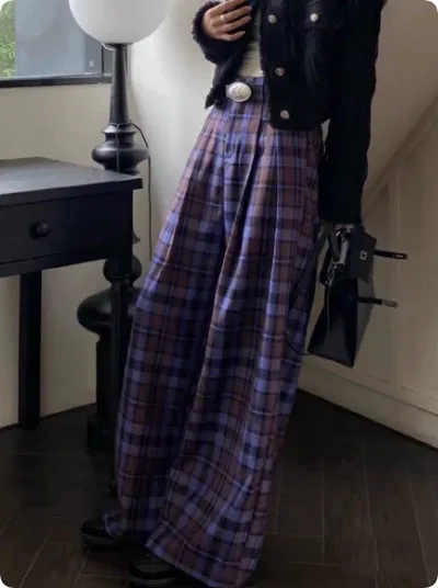 purple plaid high-waisted wide-leg casual pants retro Hong Kong style women