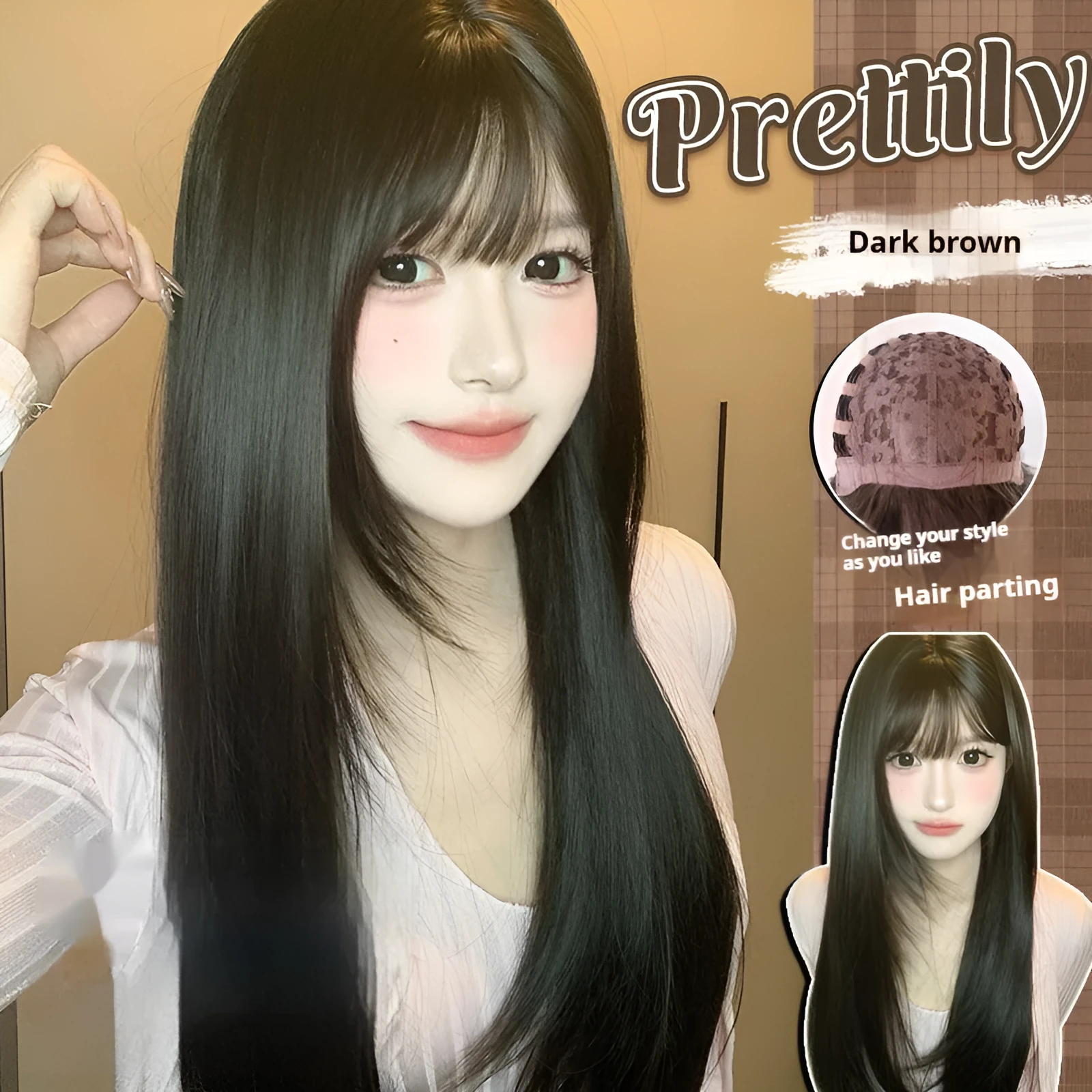 Dark brown synthetic long straight wig with fringe for women with round face shapes