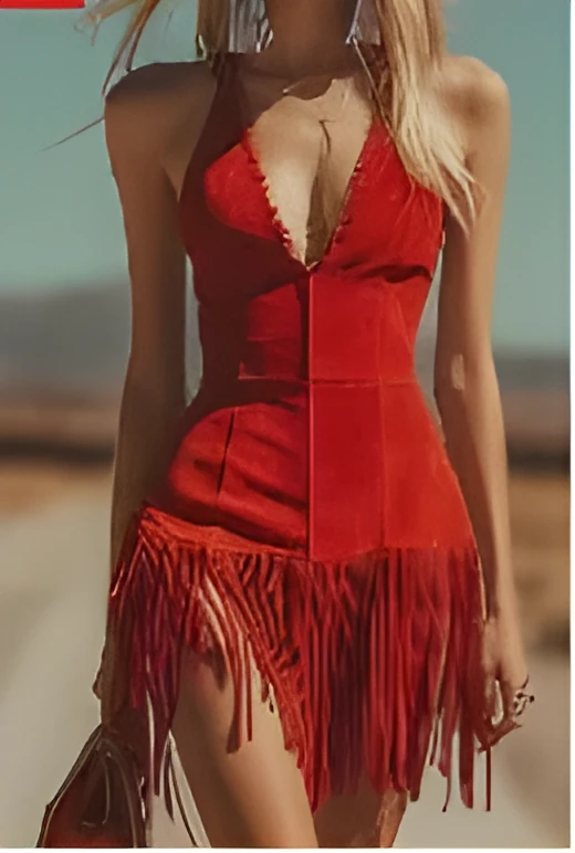 Women's western style vest dress in red with V-neck and fringe detail on mini dress