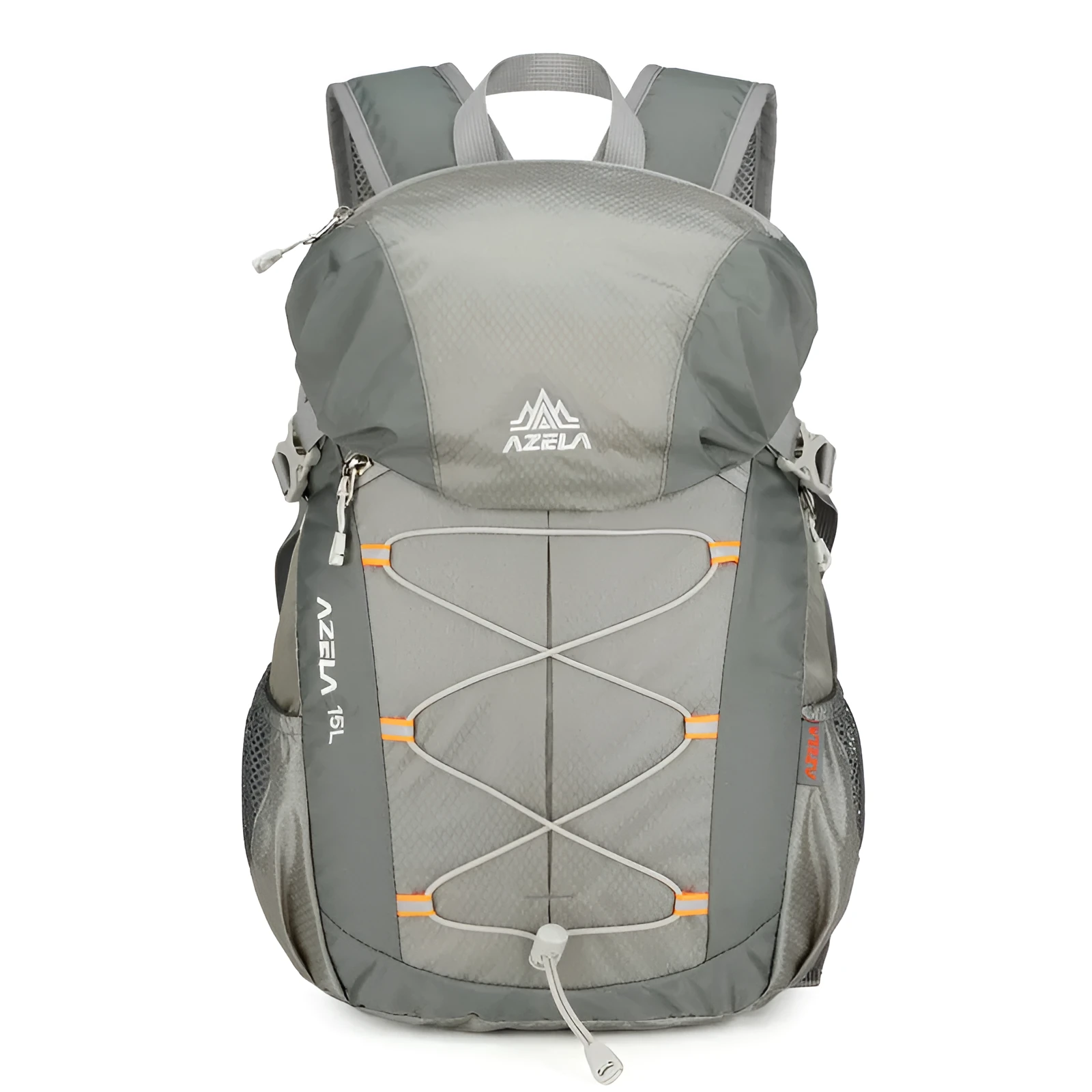 AZELA 20L Color Block Lightweight Hiking Backpack in orange and black, front view, on a rocky outdoor surface