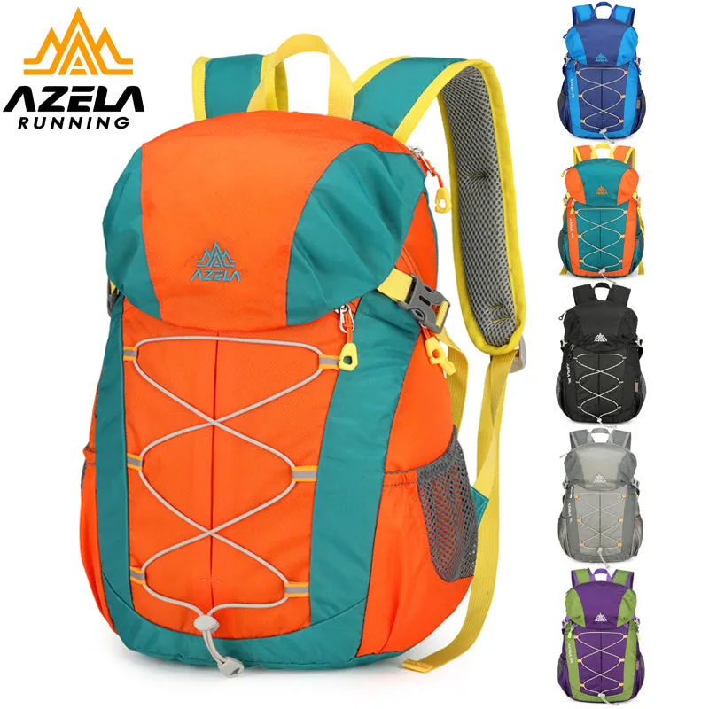 AZELA 20L Color Block Lightweight Hiking Backpack in orange and black, front view, on a rocky outdoor surface