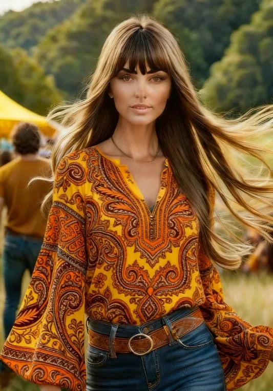 Women's bohemian retro floral t-shirt in Style1 colour option, front view, available in sizes S to 3XL