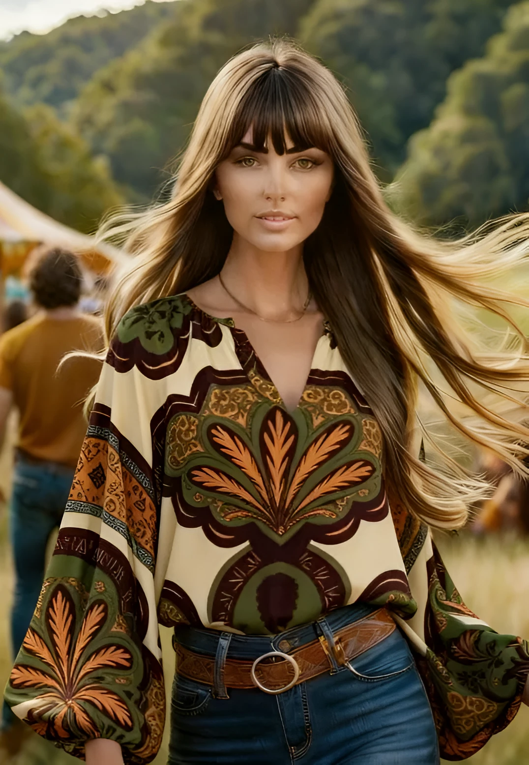 Women's bohemian retro floral t-shirt in Style1 colour option, front view, available in sizes S to 3XL