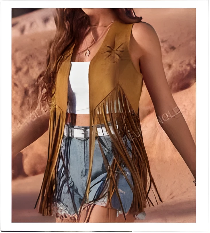 Women's brown faux suede sleeveless tassel vest cardigan on display
