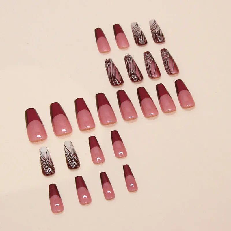 French line pattern removable nail stickers with adhesive glue in 24-piece pack