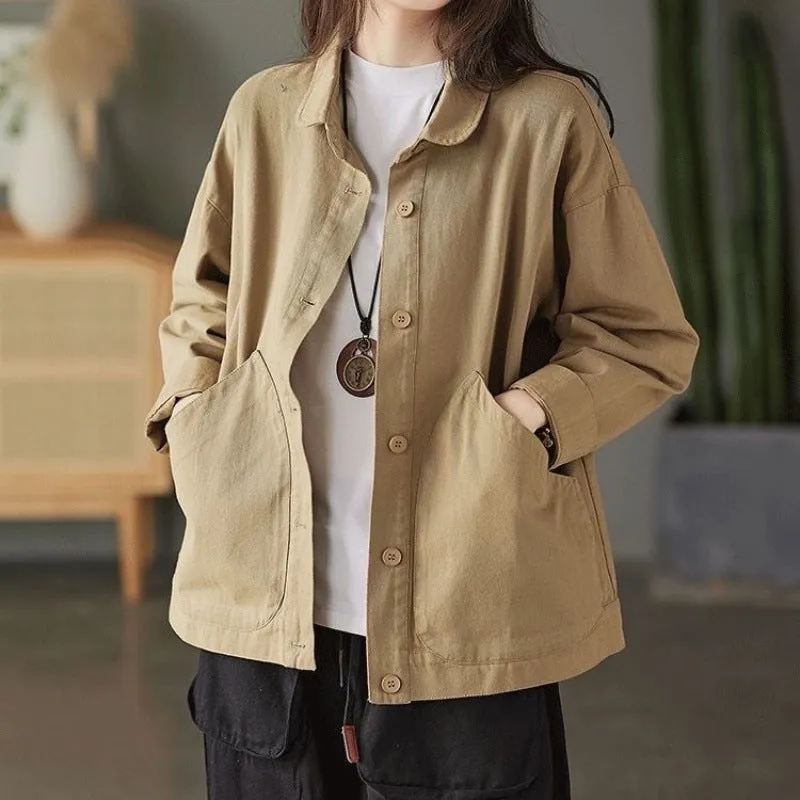Retro cotton twill loose top with large pocket in khaki, women's casual commute style