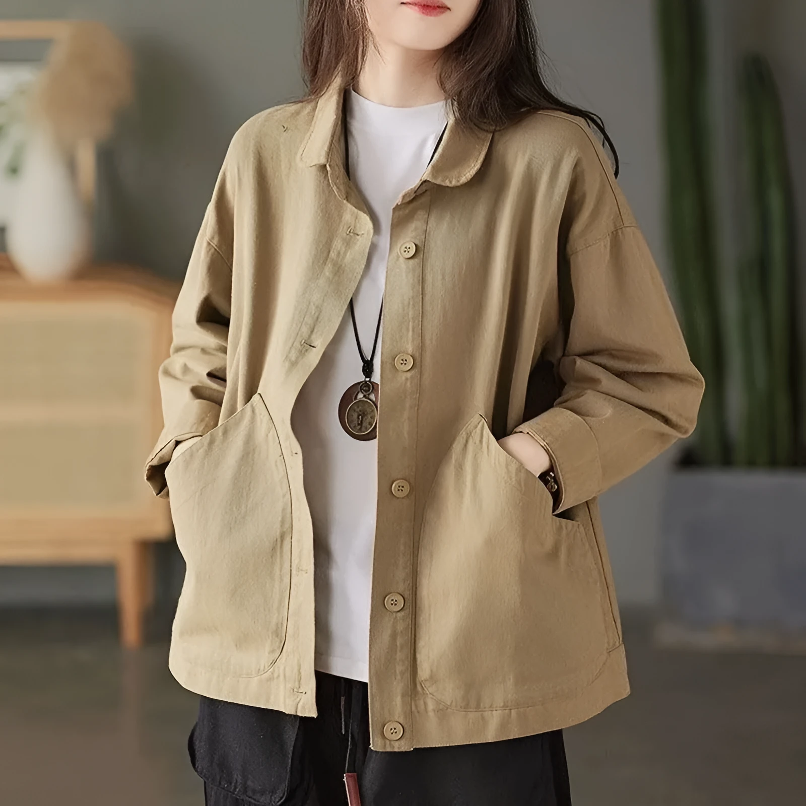 Retro cotton twill loose top with large pocket in khaki, women's casual commute style