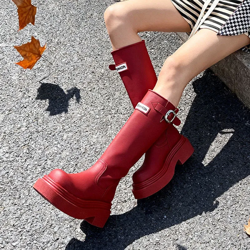 Women's mid heel chunky boots in red, microfiber upper, round toe, thick sole with honeycomb bottom side view