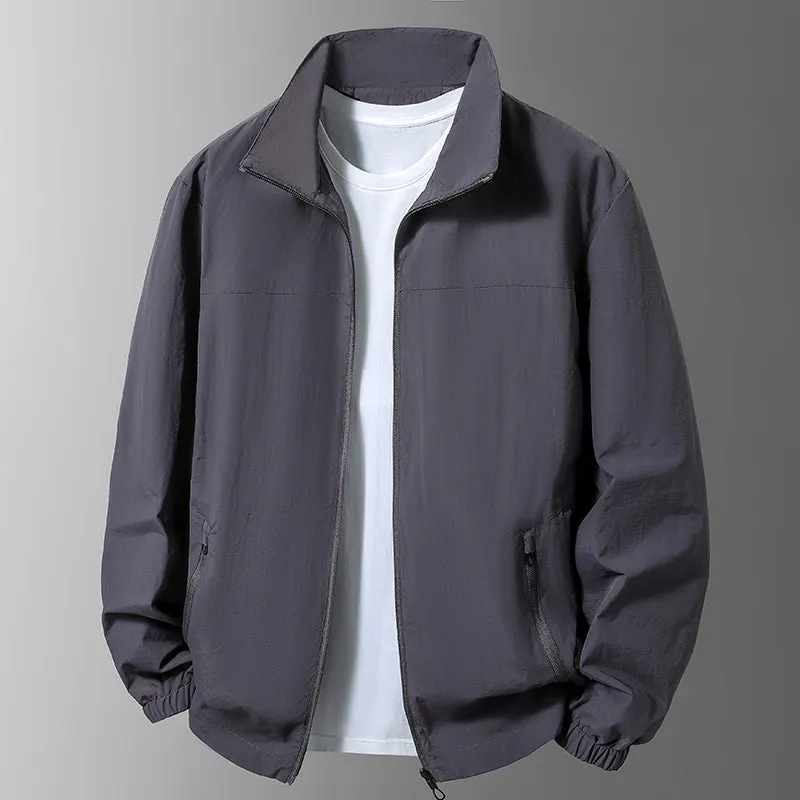 Men's large size casual windproof jacket with stand collar and zipper in khaki colour