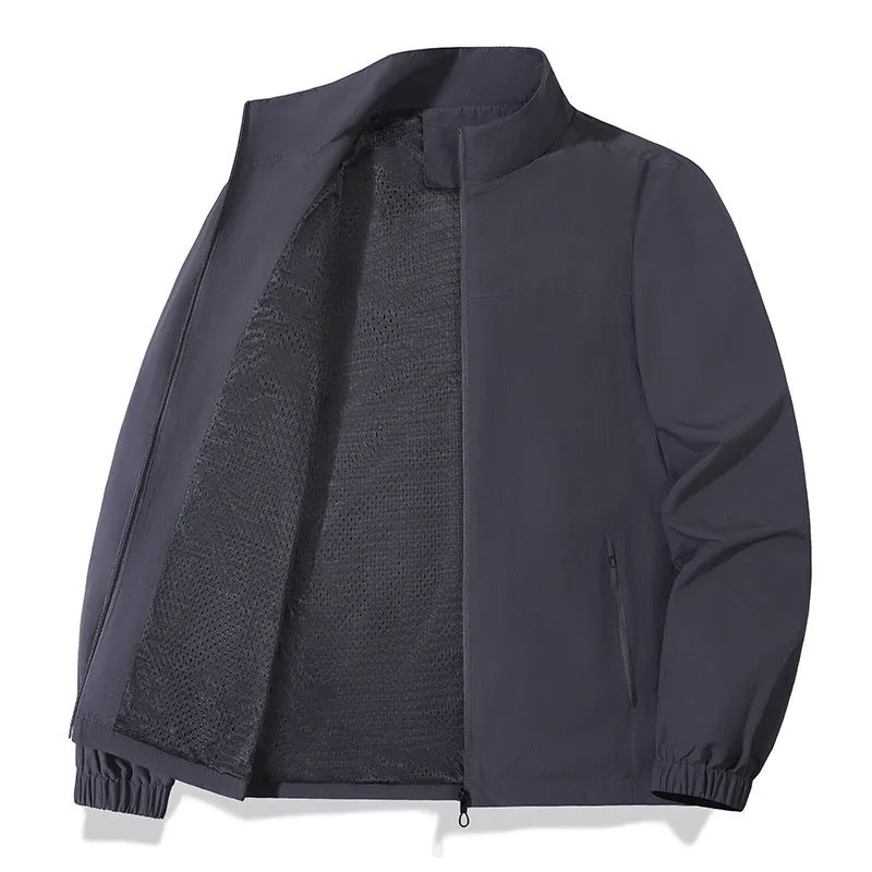 Men's large size casual windproof jacket with stand collar and zipper in khaki colour