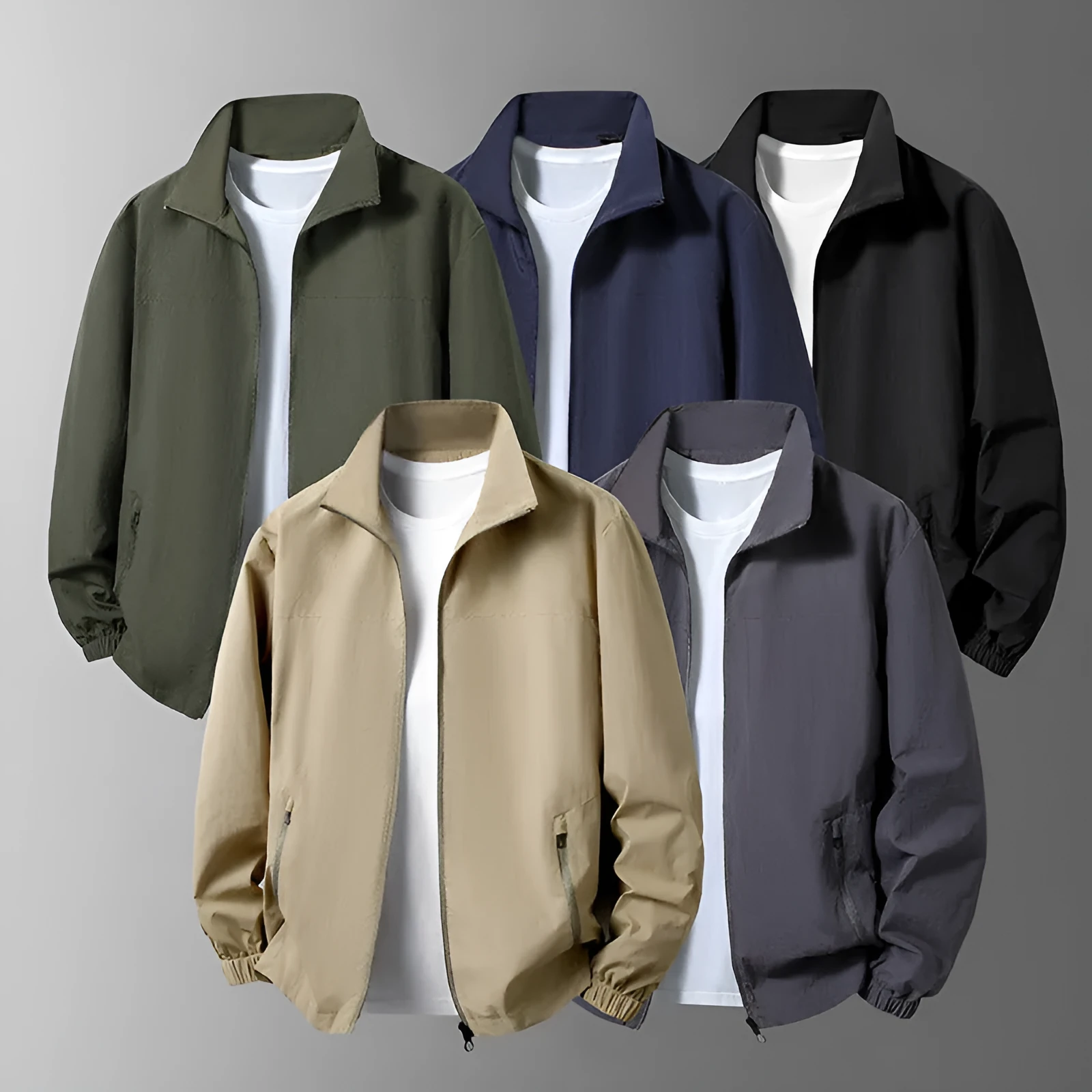 Men's large size casual windproof jacket with stand collar and zipper in khaki colour