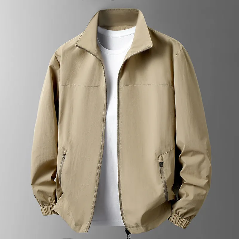 Men's large size casual windproof jacket with stand collar and zipper in khaki colour