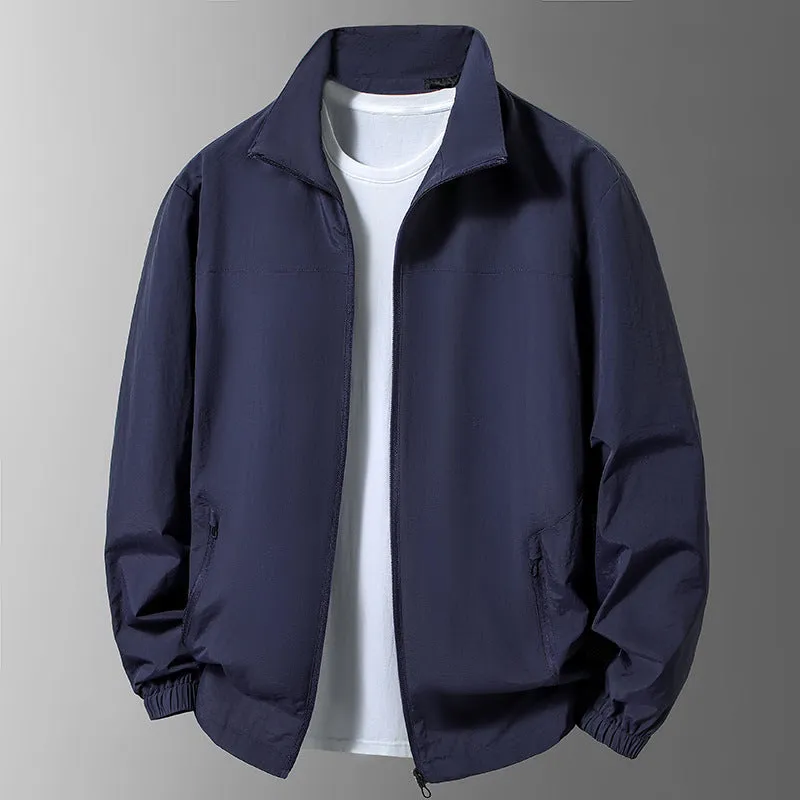 Men's large size casual windproof jacket with stand collar and zipper in khaki colour