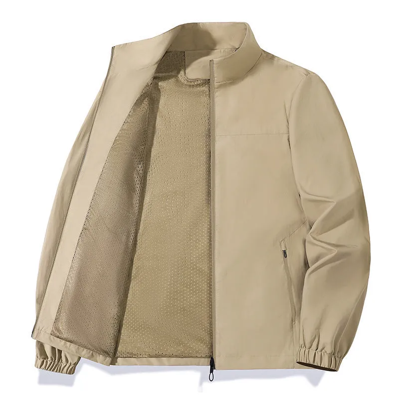 Men's large size casual windproof jacket with stand collar and zipper in khaki colour