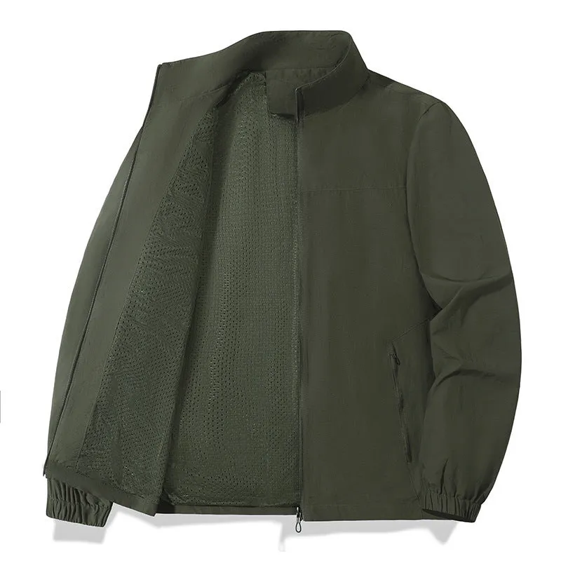 Men's large size casual windproof jacket with stand collar and zipper in khaki colour