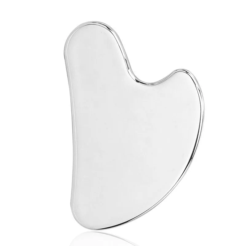 Stainless steel double-headed facial roller, heart-shaped acupressure stick, and scraping plate on a white background.