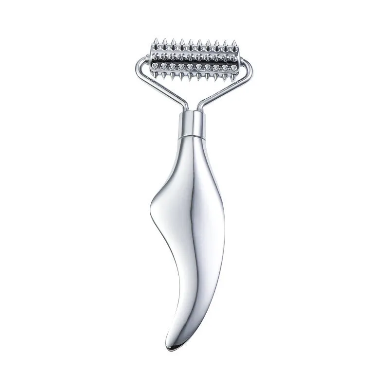 Stainless steel double-headed facial roller, heart-shaped acupressure stick, and scraping plate on a white background.