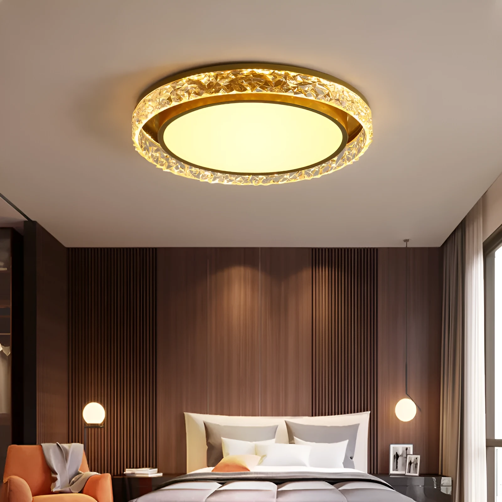 Nordic style iron and acrylic bedroom ceiling lamp with three-colour dimming, 50cm diameter, black finish