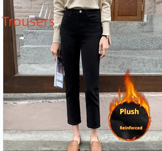Black plus velvet smoke pipe jeans leggings with straight-leg cut and composite velvet finish for women