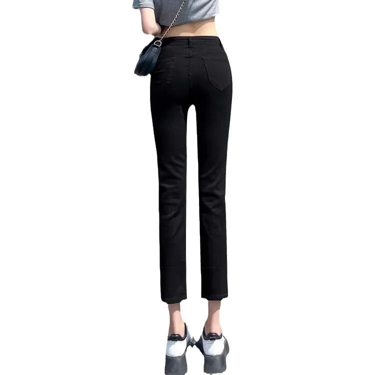 Black plus velvet smoke pipe jeans leggings with straight-leg cut and composite velvet finish for women