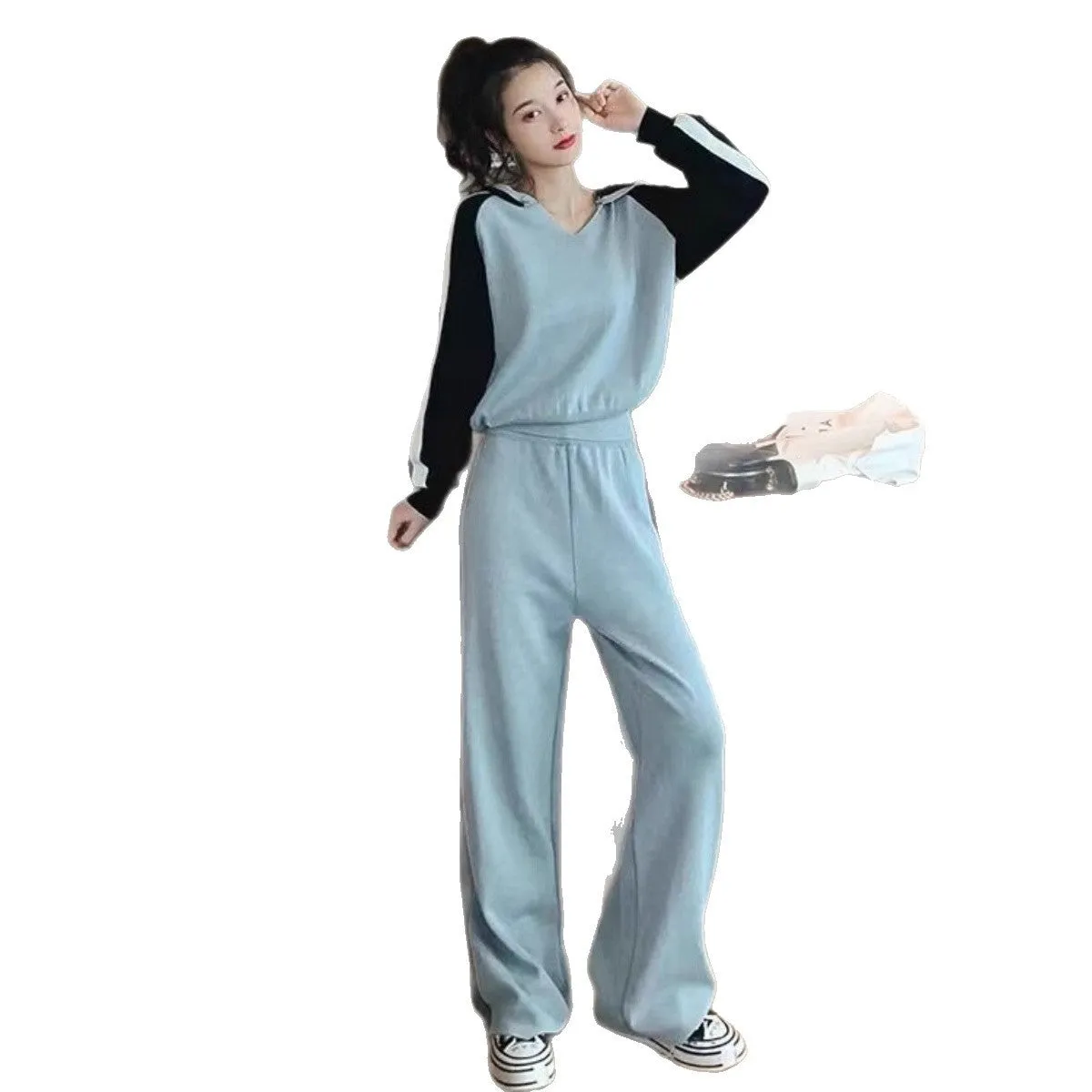V-neck hooded sweater and loose wide leg pants sports suit for women in gray and black