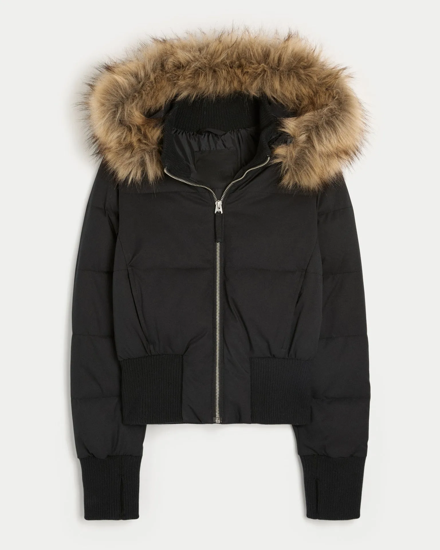 Casual style thermal cotton-padded coat with fur collar, zipped front, loose fit, available in black, brown, pink, white
