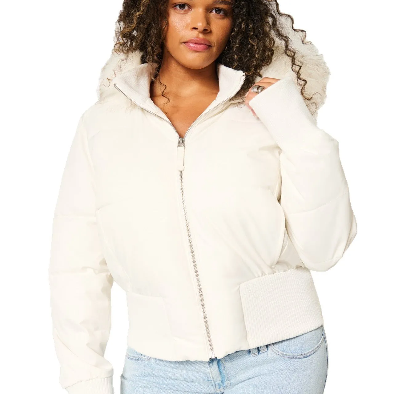 Casual style thermal cotton-padded coat with fur collar, zipped front, loose fit, available in black, brown, pink, white