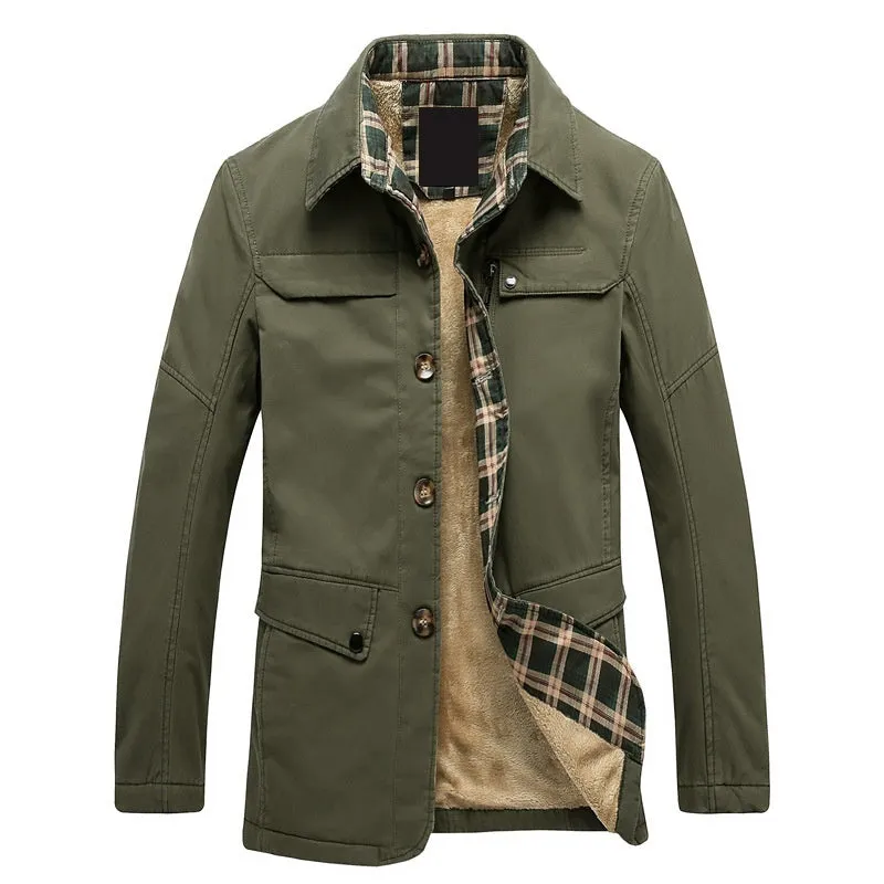 Fleece-lined thickened men's Korean slim fit trench coat in khaki, mid-length 65cm, side pockets, velvet lining