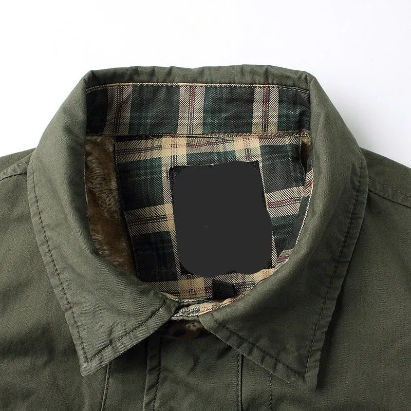 Fleece-lined thickened men's Korean slim fit trench coat in khaki, mid-length 65cm, side pockets, velvet lining