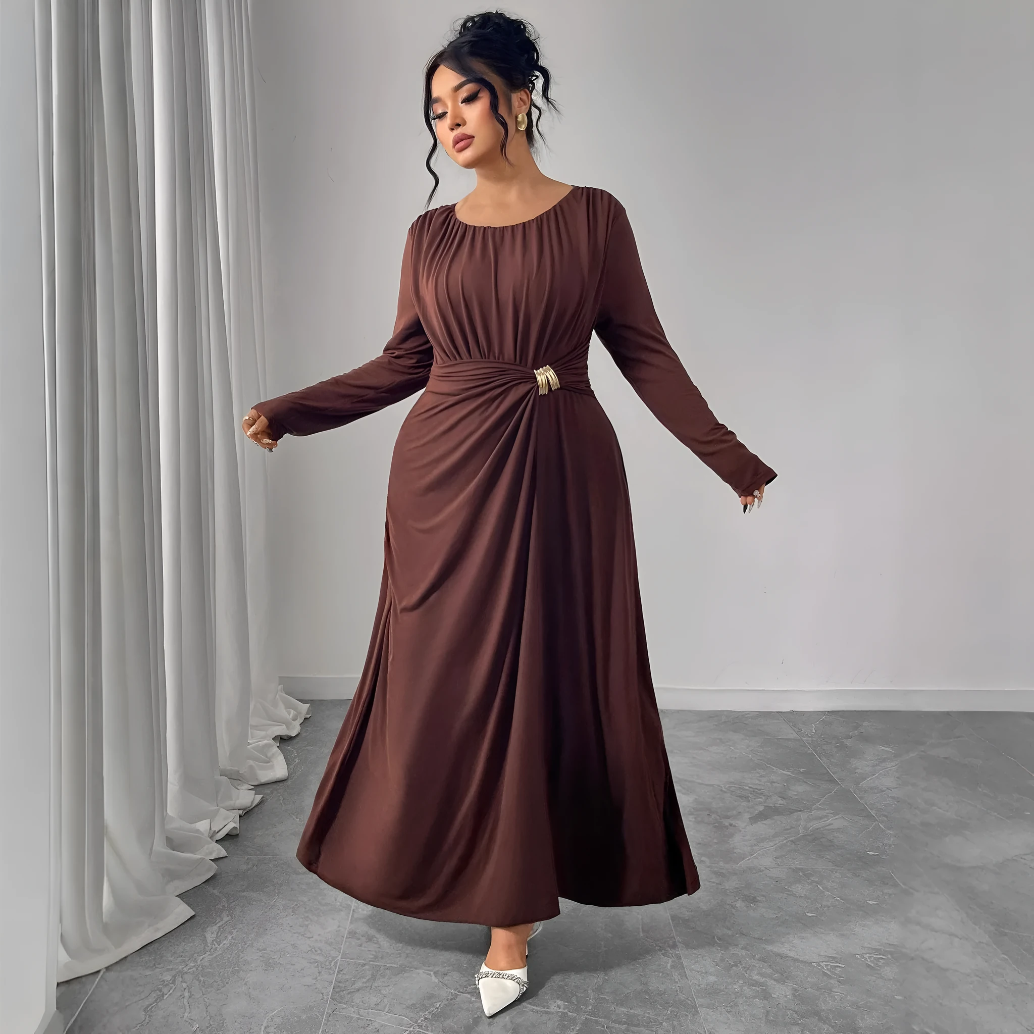 Women's printed high-waisted dress in coffee colour, made from polyester, available in sizes XL to 4XL