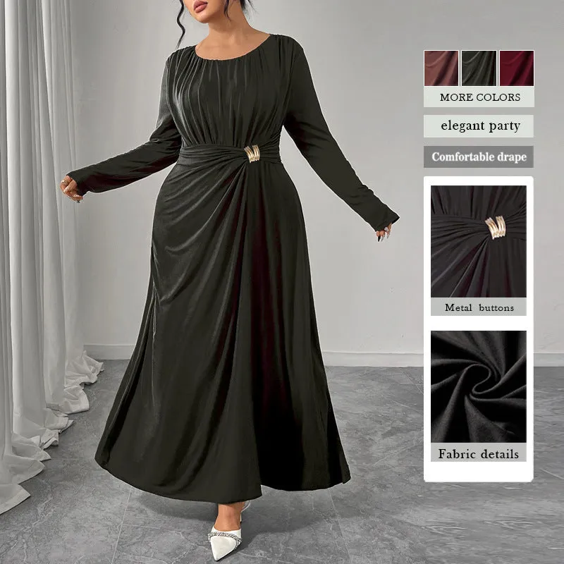 Women's printed high-waisted dress in coffee colour, made from polyester, available in sizes XL to 4XL