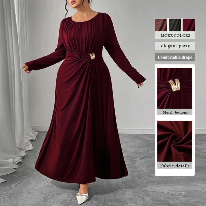 Women's printed high-waisted dress in coffee colour, made from polyester, available in sizes XL to 4XL