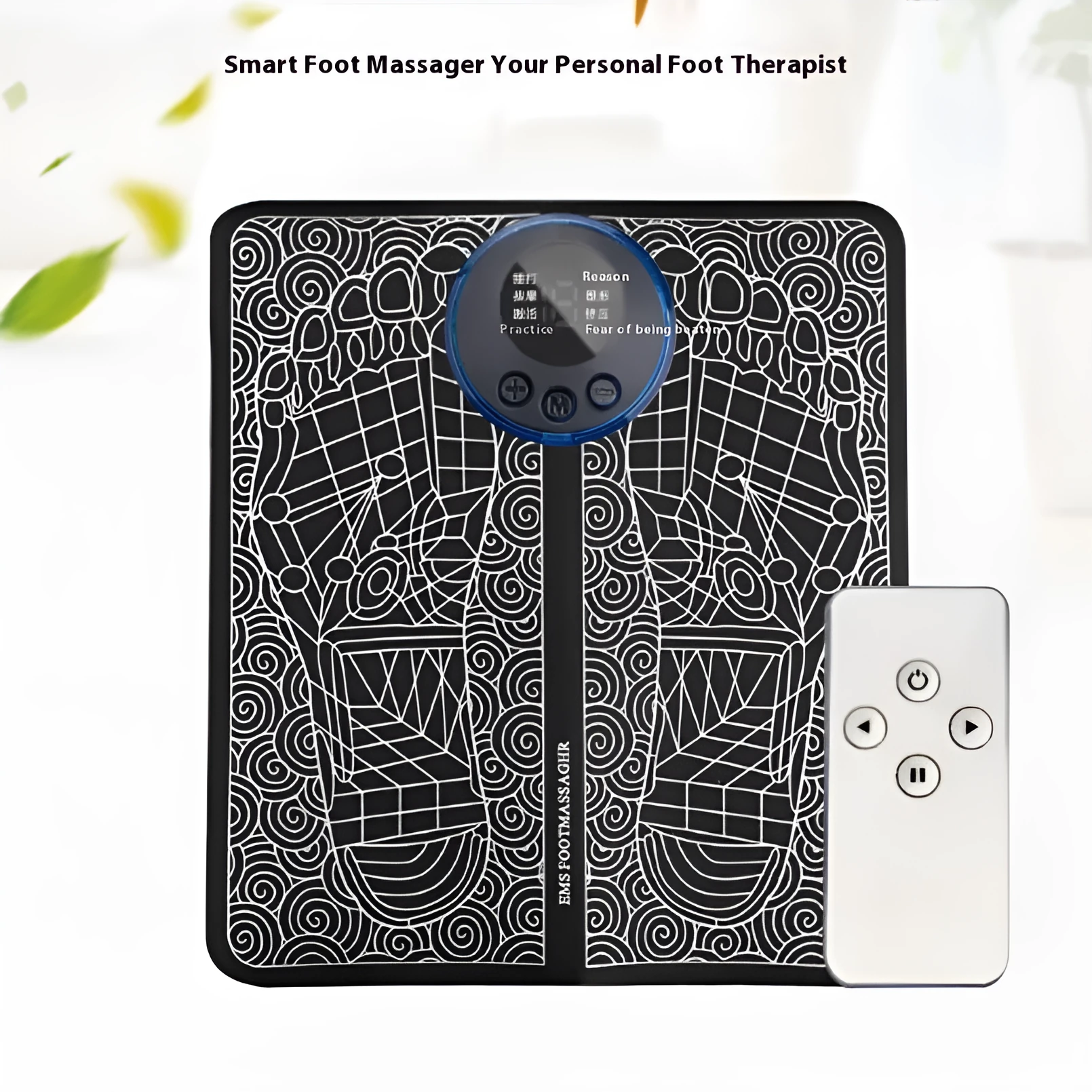 Leather foot massage cushions with a wireless remote control on a grey background.