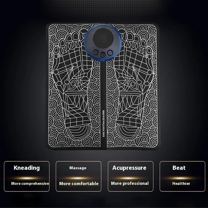 Leather foot massage cushions with a wireless remote control on a grey background.