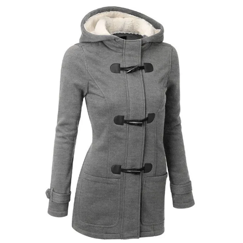 Women's hooded jacket in solid colour, slim fit polyester coat with zip front, available in multiple colours and sizes up to 6XL