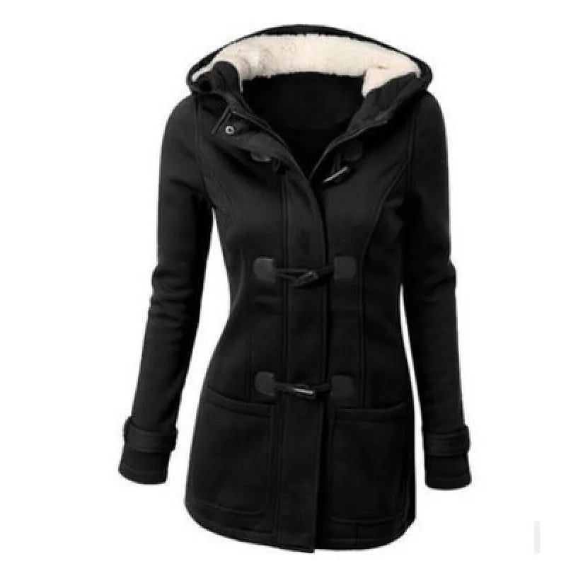 Women's hooded jacket in solid colour, slim fit polyester coat with zip front, available in multiple colours and sizes up to 6XL