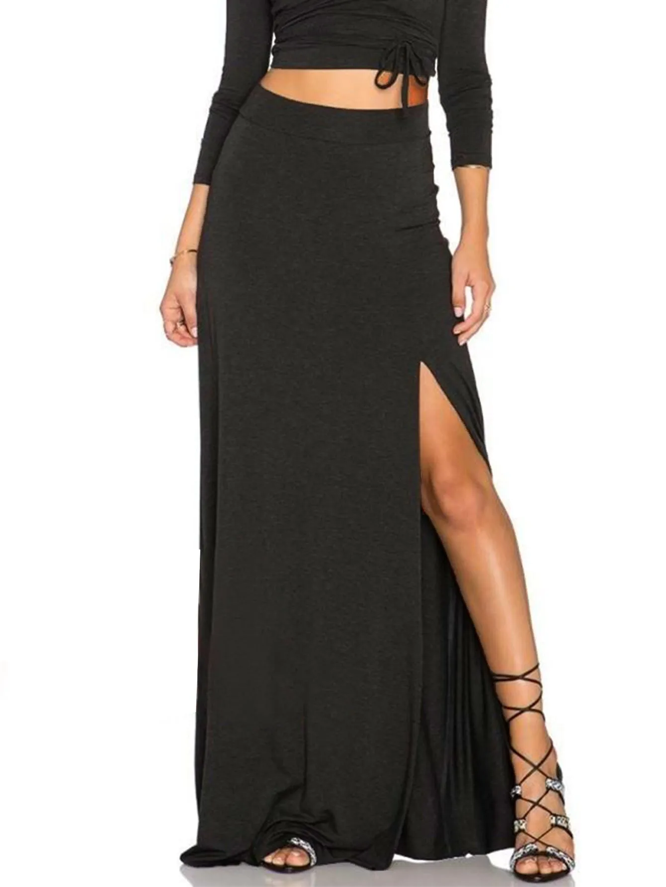 Women's long side slit dress in dark gray polyester, V-neck, mid-length skirt, street hipster style
