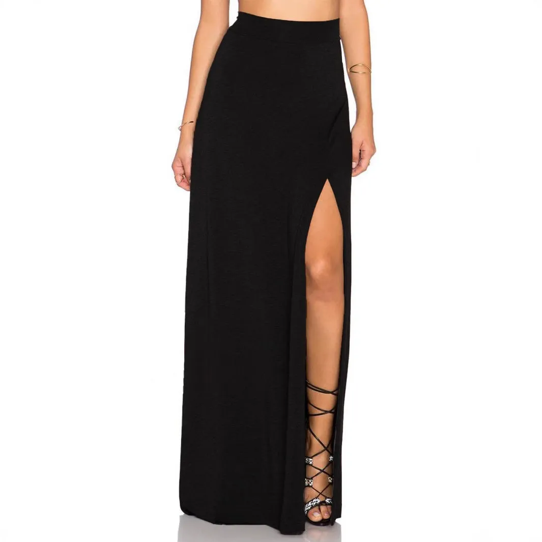 Women's long side slit dress in dark gray polyester, V-neck, mid-length skirt, street hipster style