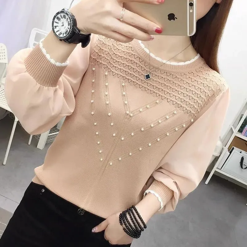 Loose-fit long sleeve round neck women's polyester top in solid colour, available in black, pink, and white.