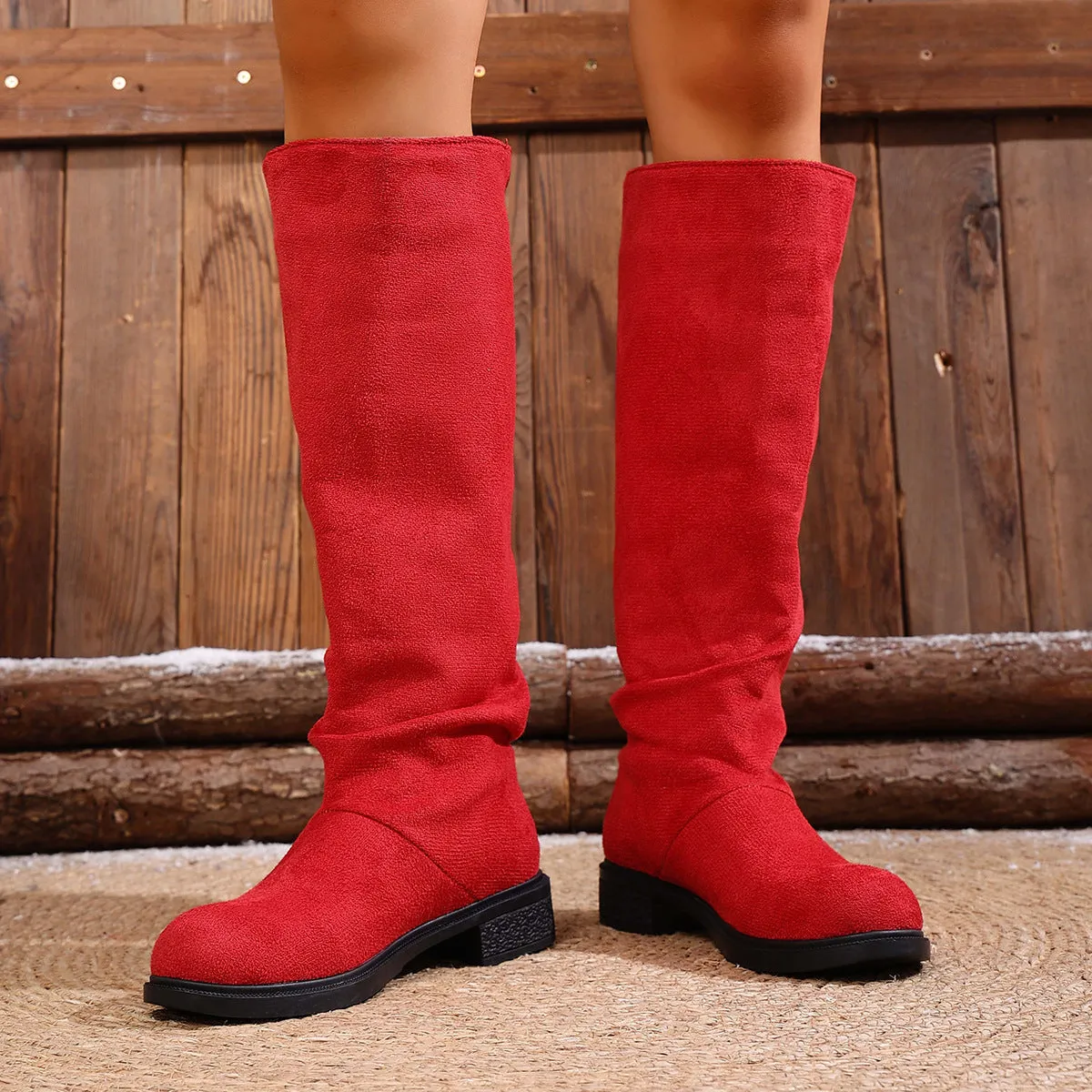 Women's cow suede high leg boots with chunky heel, below the knee, available in multiple colours, side view