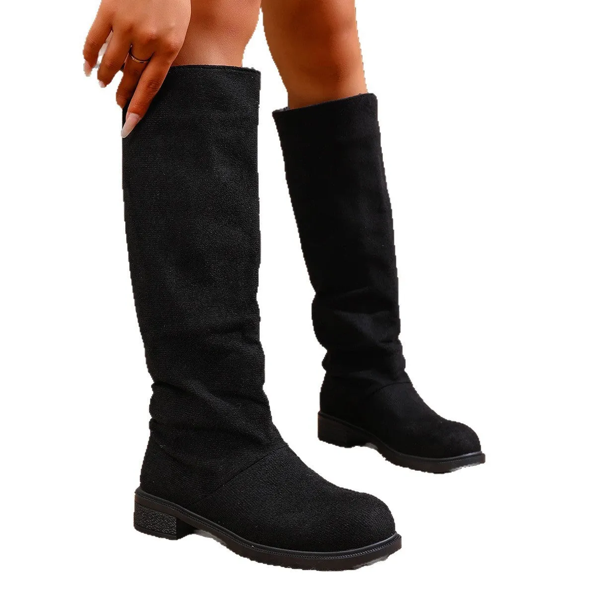 Women's cow suede high leg boots with chunky heel, below the knee, available in multiple colours, side view