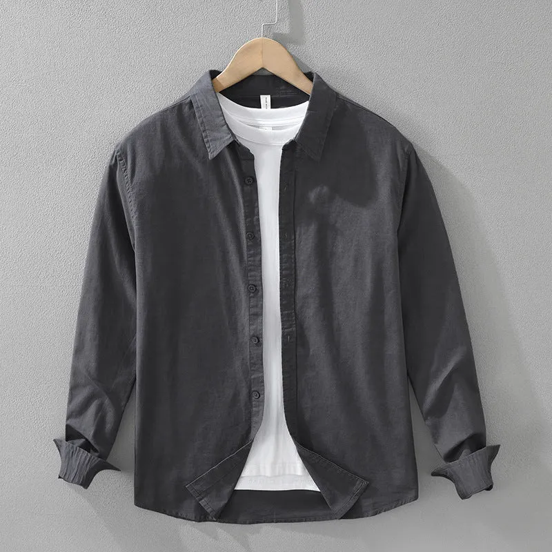 Men's Japanese cotton linen long sleeve blouse cardigan loose fit casual top in dark gray colour