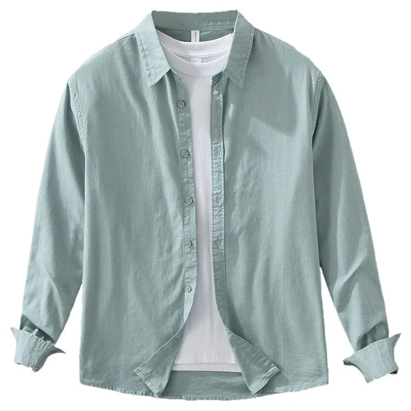 Men's Japanese cotton linen long sleeve blouse cardigan loose fit casual top in dark gray colour
