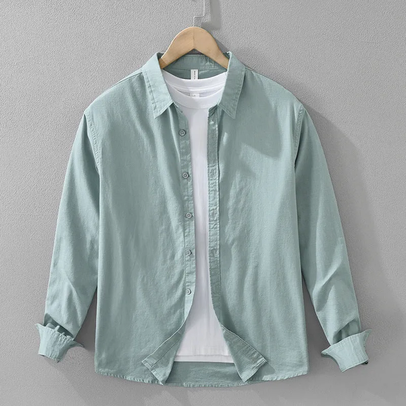 Men's Japanese cotton linen long sleeve blouse cardigan loose fit casual top in dark gray colour