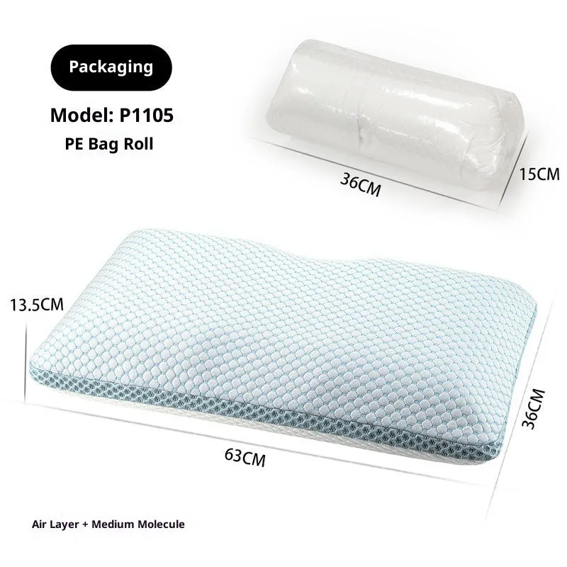 Cervical memory foam pillow 63x36x13.5cm in air layer fabric blue and white