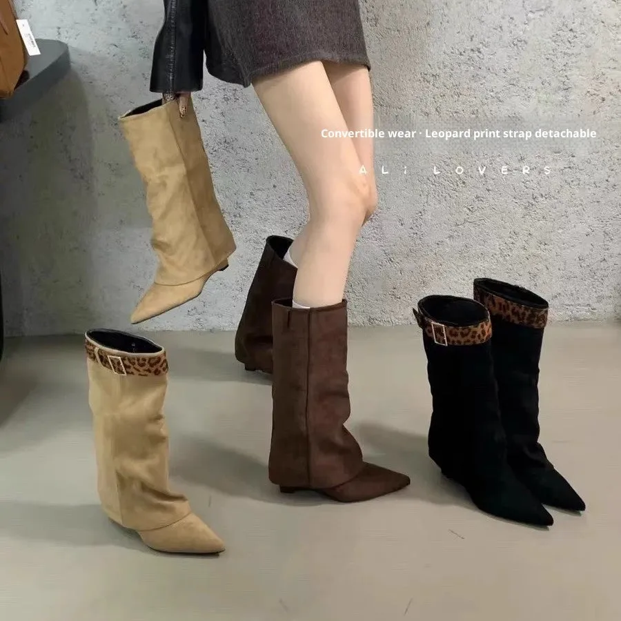 Women's retro Western mid-calf boots with belt buckle, square toe, and front lace-up in khaki colour