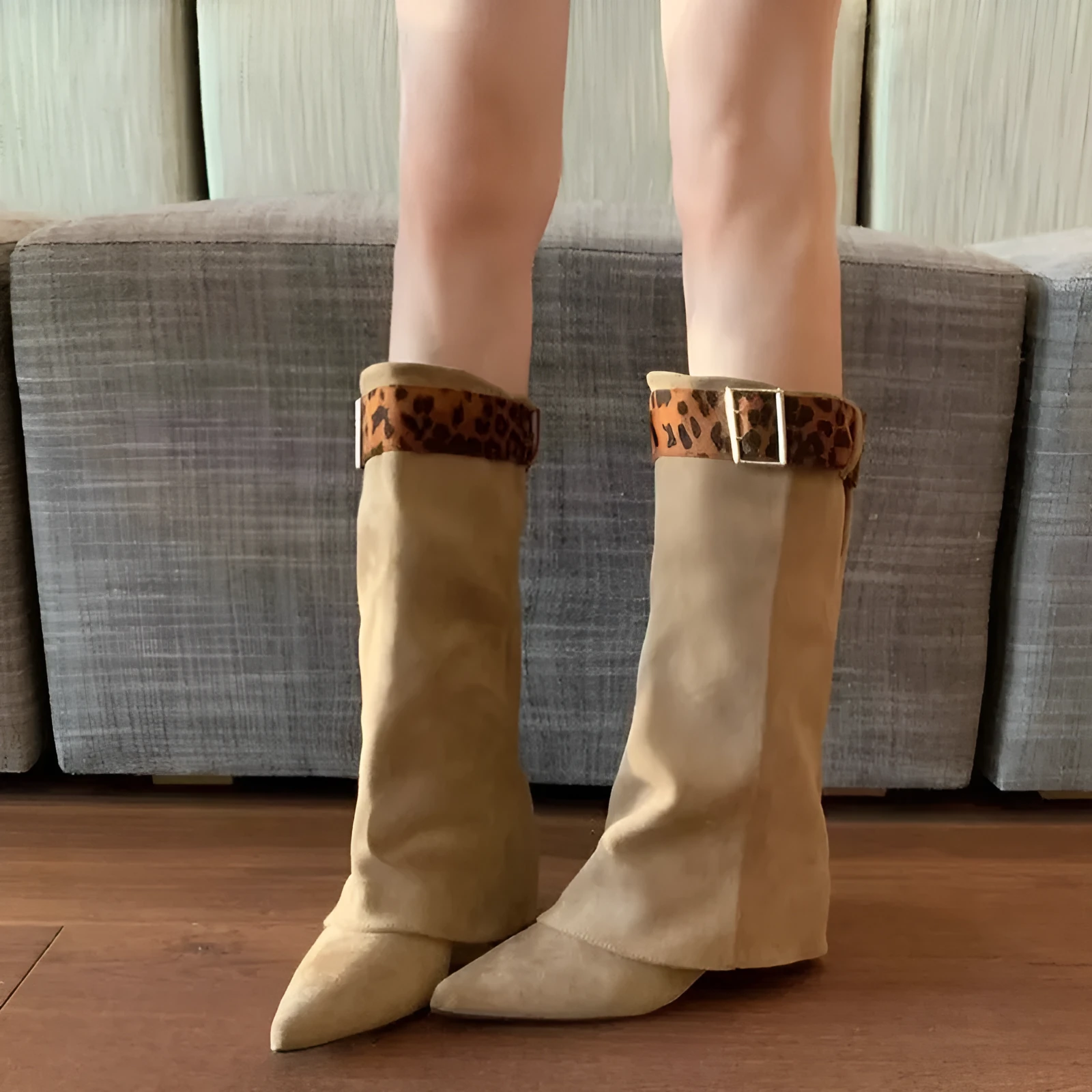 Women's retro Western mid-calf boots with belt buckle, square toe, and front lace-up in khaki colour