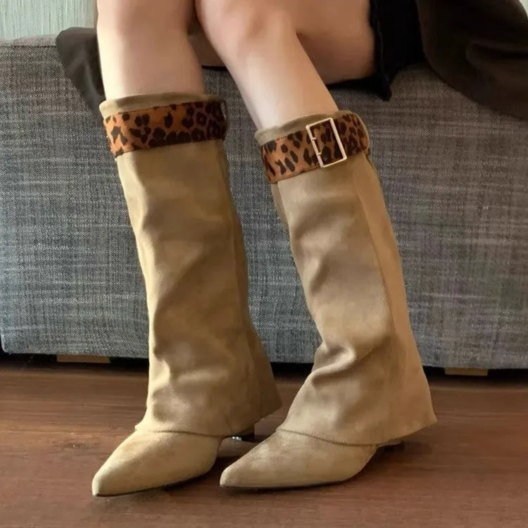 Women's retro Western mid-calf boots with belt buckle, square toe, and front lace-up in khaki colour
