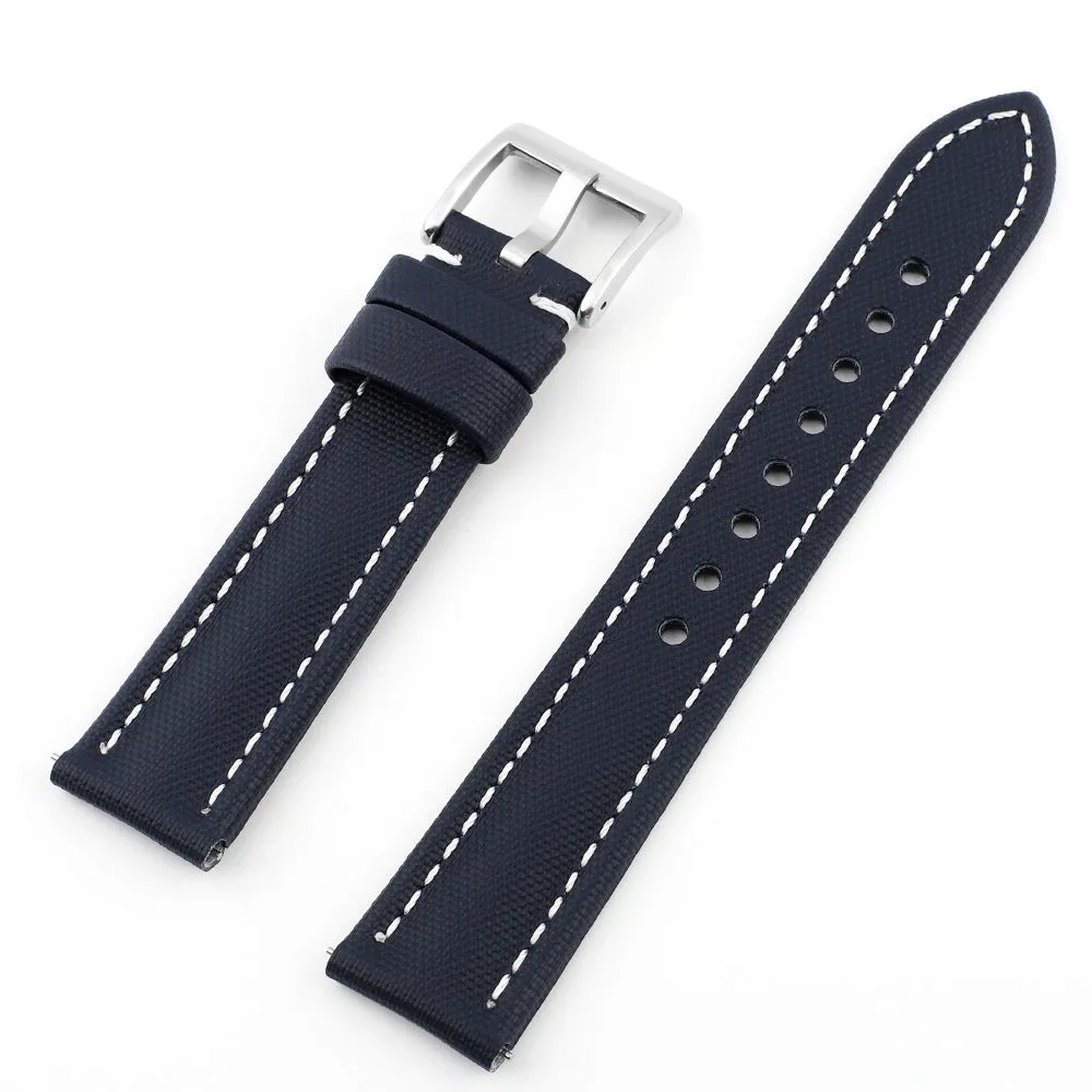 Oxford water-repellent cloth watch strap in black, available in 18mm to 22mm widths with leather fit layer.